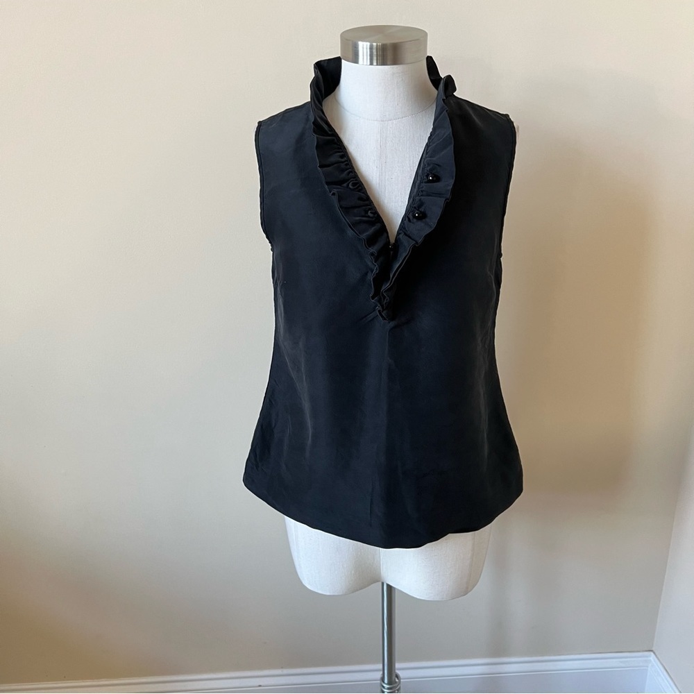 Kate Spade ruffle neck silk top solid black sleeveless 17736